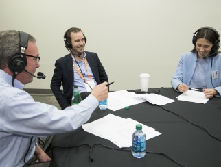 Seth Webb (middle) chat with hosts Bill Thorne (left) and Katie McBreen (right)